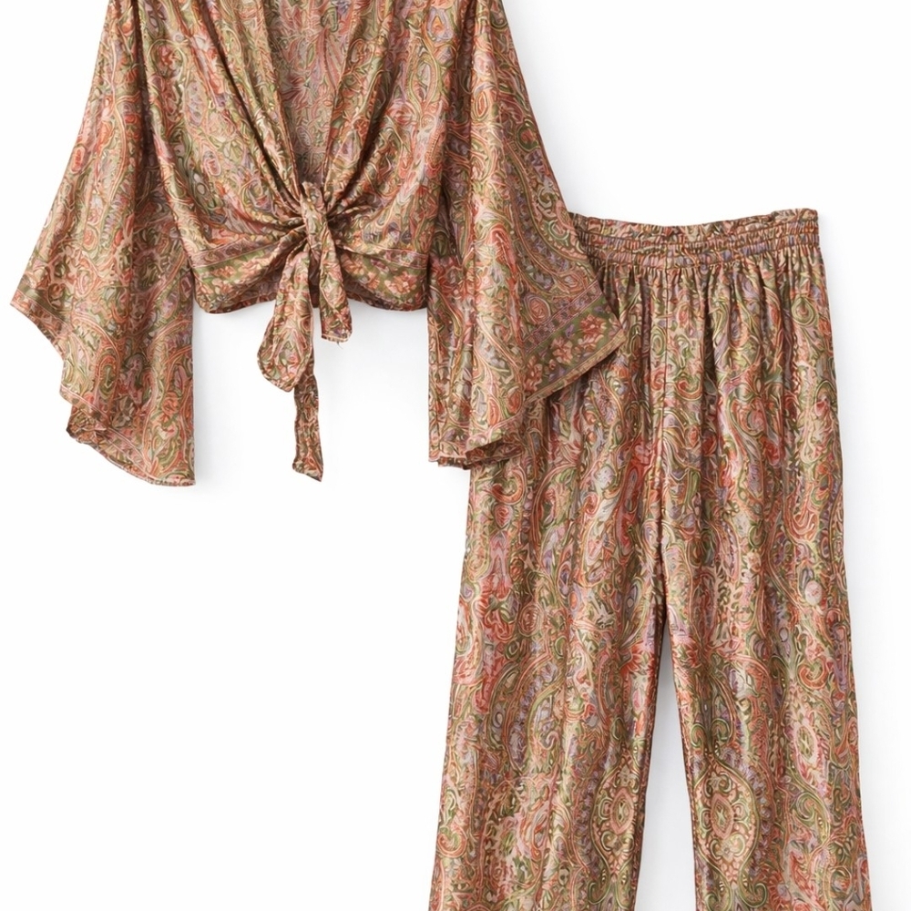 Paisley Tie-Front Top and Pants Set